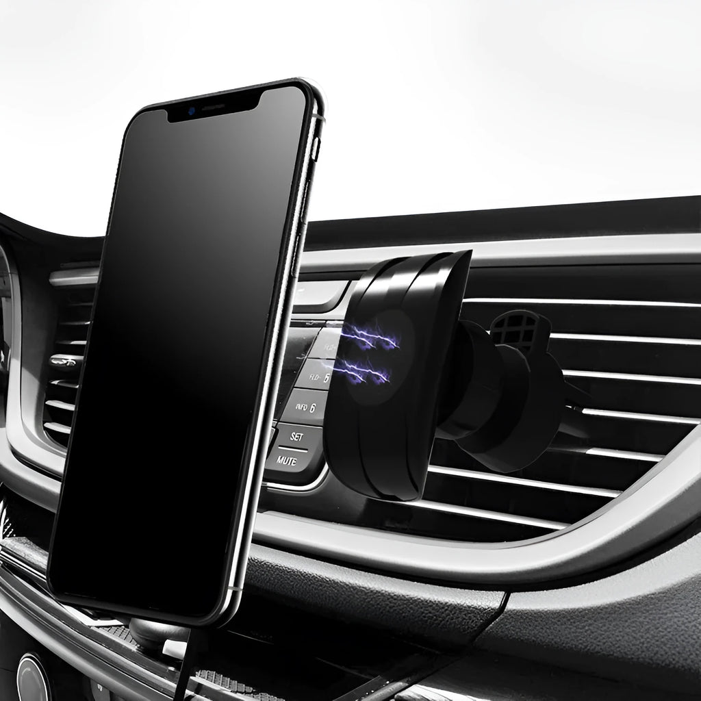 Glory black car phone holder mounted to car air vent with mobile device securely attached
