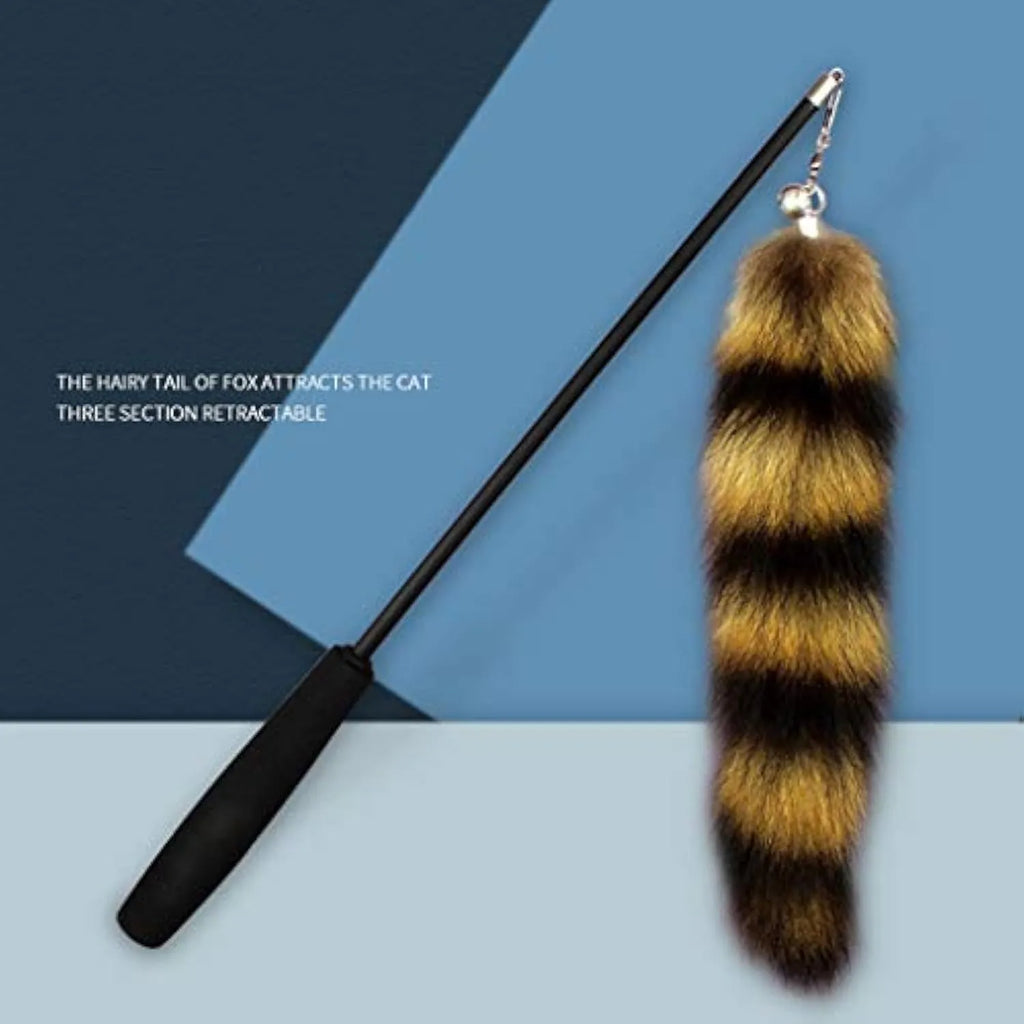 Black cat toy wand with feather teaser on elastic string, 42cm length
