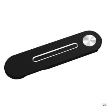Silver aluminium laptop side mount bracket holding a smartphone beside a laptop screen.