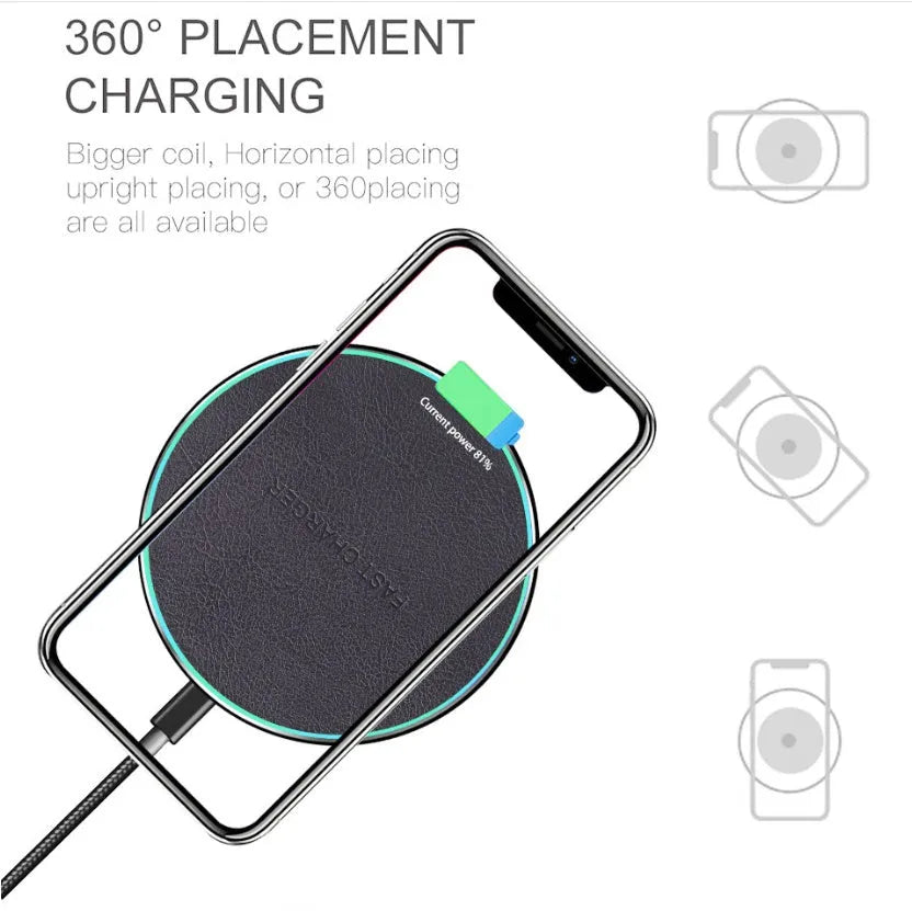 Black Qi wireless charging pad for iPhone 11 with integrated USB cable