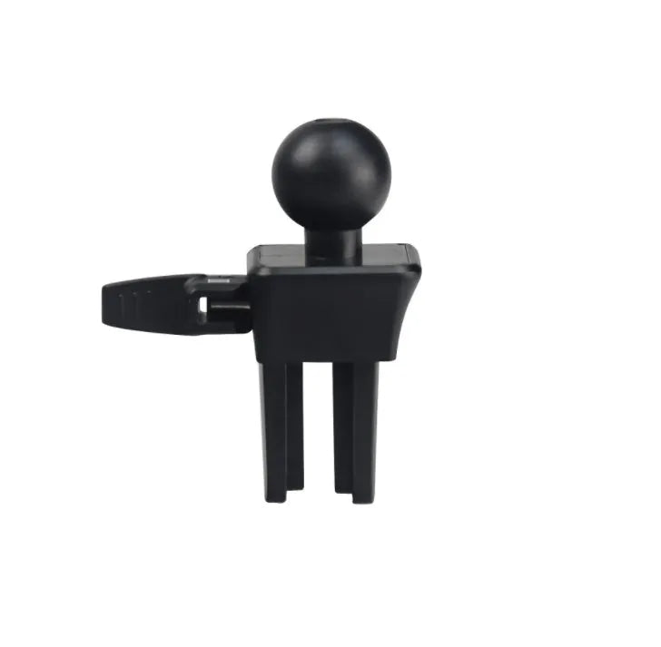 Black plastic mobile phone holder attached to car air conditioning outlet for hands-free navigation