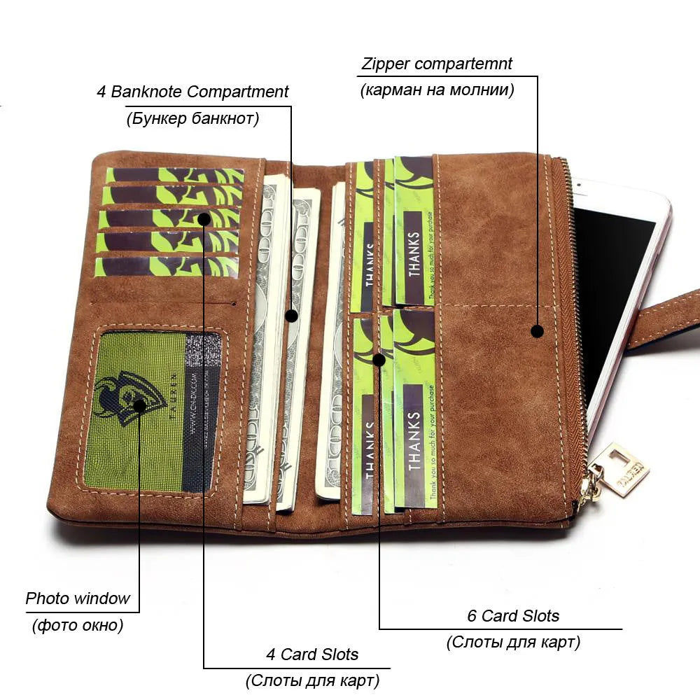 Korean retro style matte PU leather long zip wallet for women in multiple colours showing card slots and coin purse.