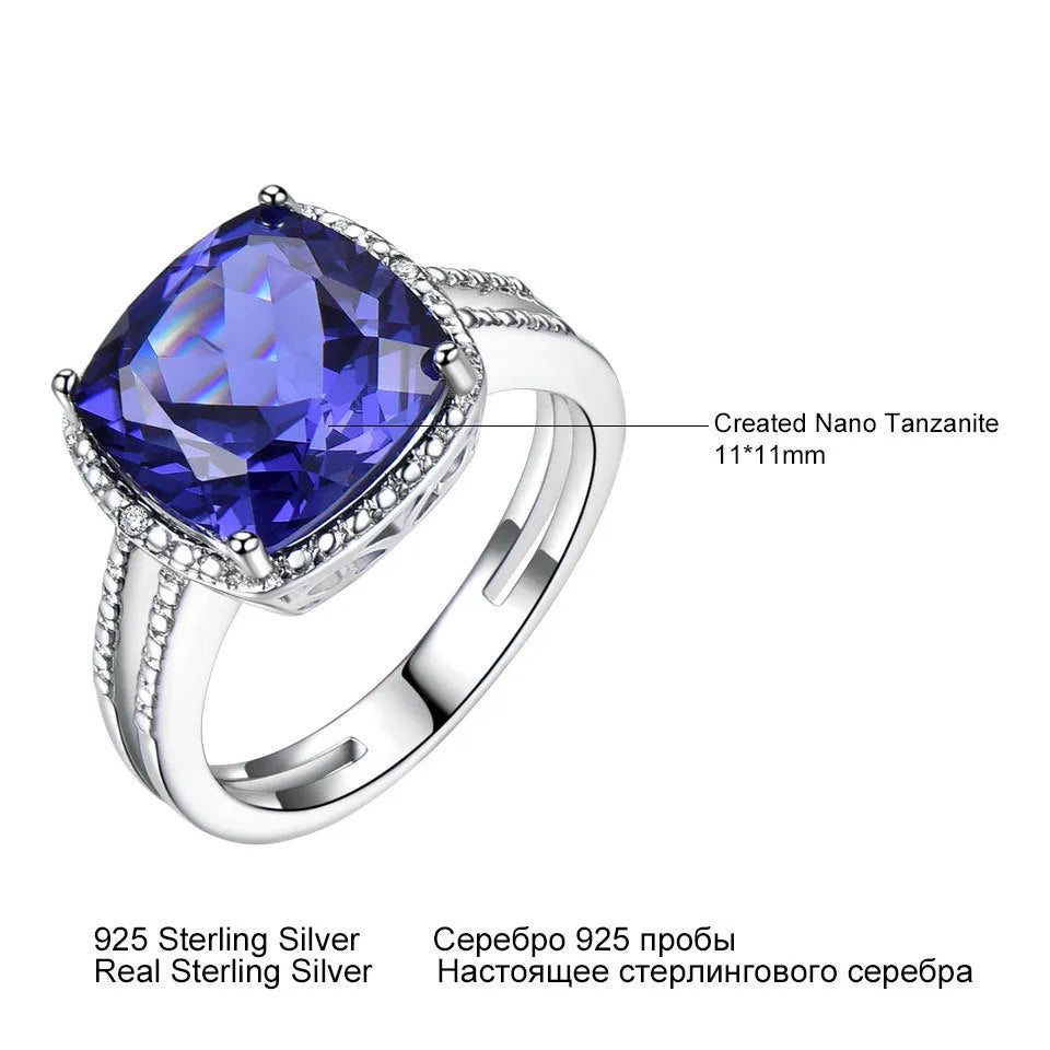Women's sterling silver ring with blue Tanzanite gemstone, available in sizes 6 to 10