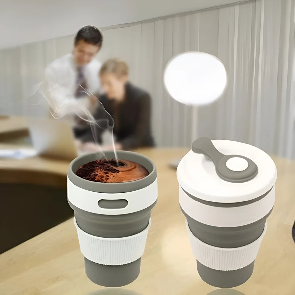 Green collapsible silicone travel cup shown folded and expanded with leak-proof cover