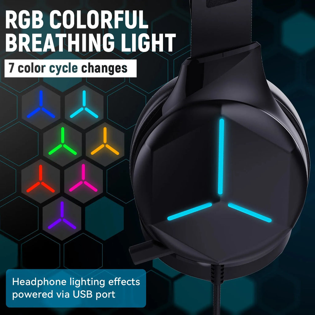 Multi In One wired gaming headphone with 3.5mm plug, over-ear protein PU leather earmuffs, and 50mm drivers.