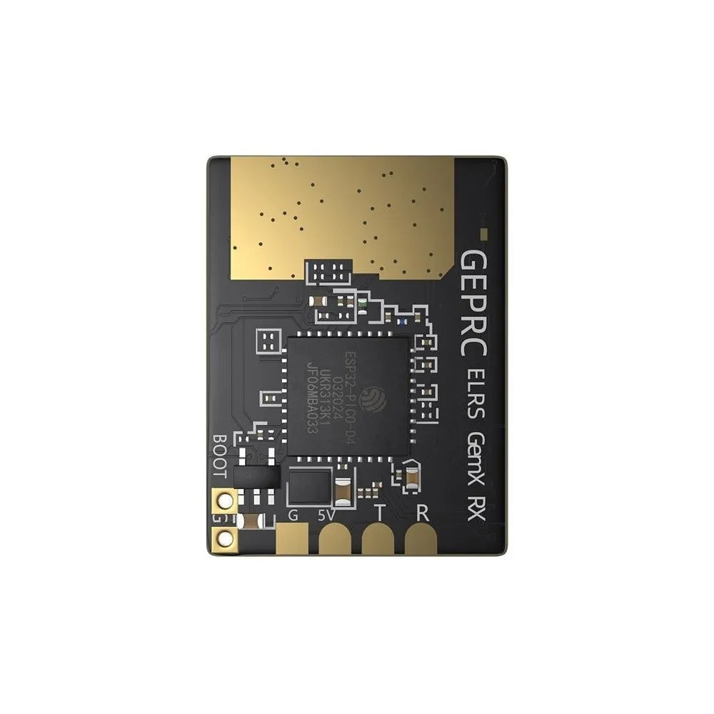 ELRS dual-band FPV receiver module with two T-shaped antennas and silicone wire on a workbench.