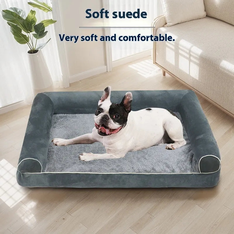 A square cloth-covered dog bed with sponge filling, shown in a blue colour.