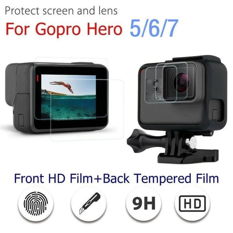 GoPro Hero camera with transparent tempered glass lens protector and LCD screen protector film applied.
