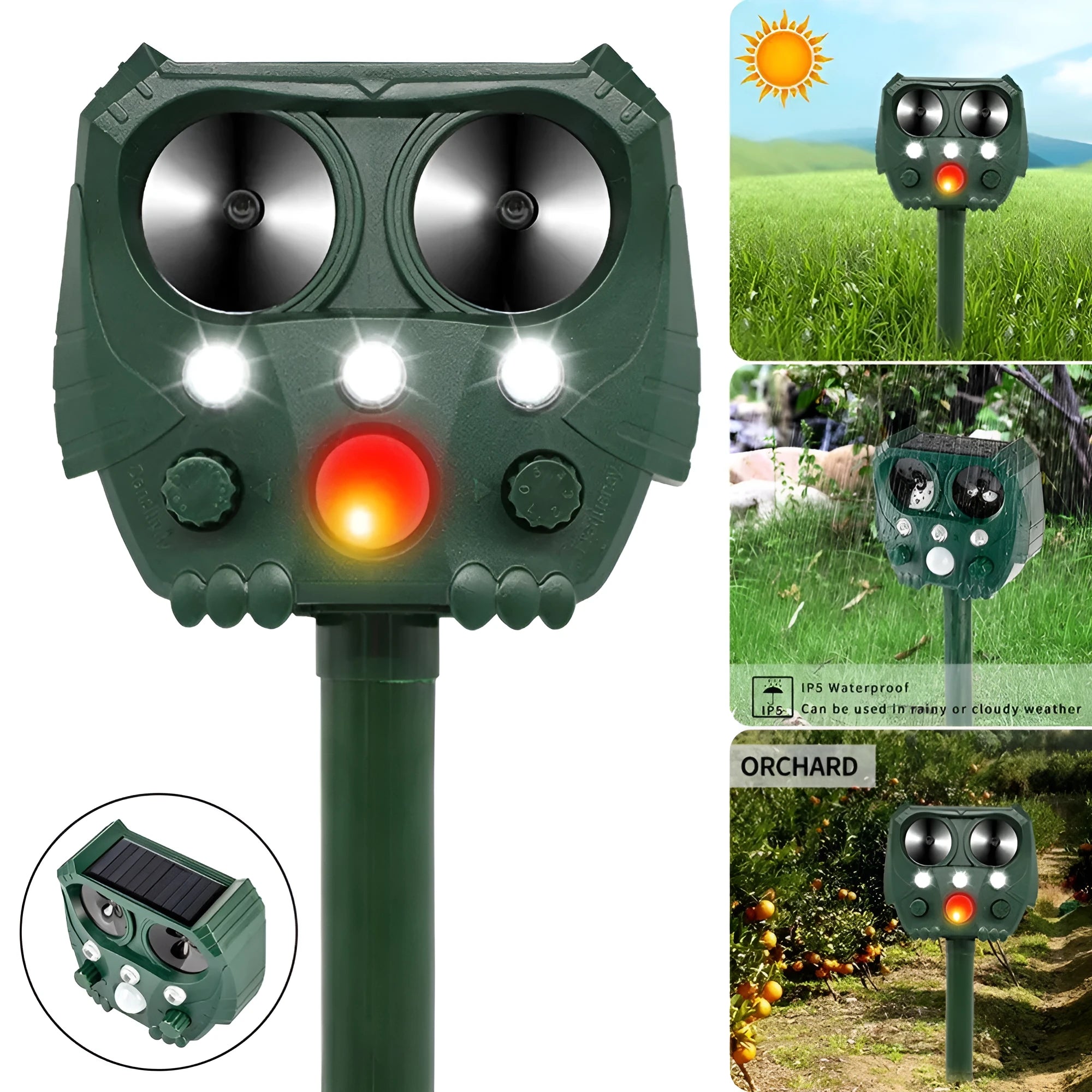 Green solar-powered ultrasonic animal repeller with motion sensor on a white background.