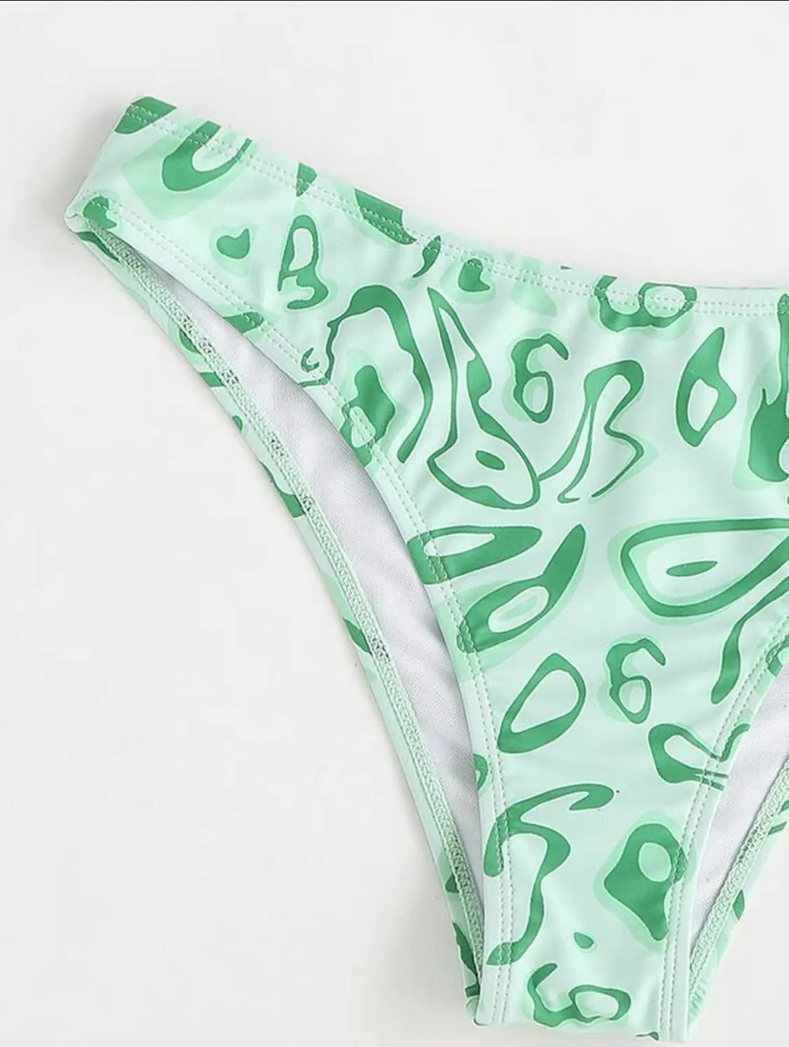 Green floral bandeau bikini swimsuit with split style bottom and backless design on mannequin