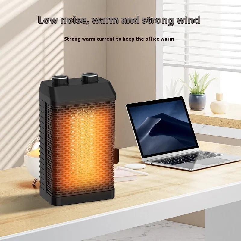 Black remote control desktop warm air blower heater with compact design on wooden surface
