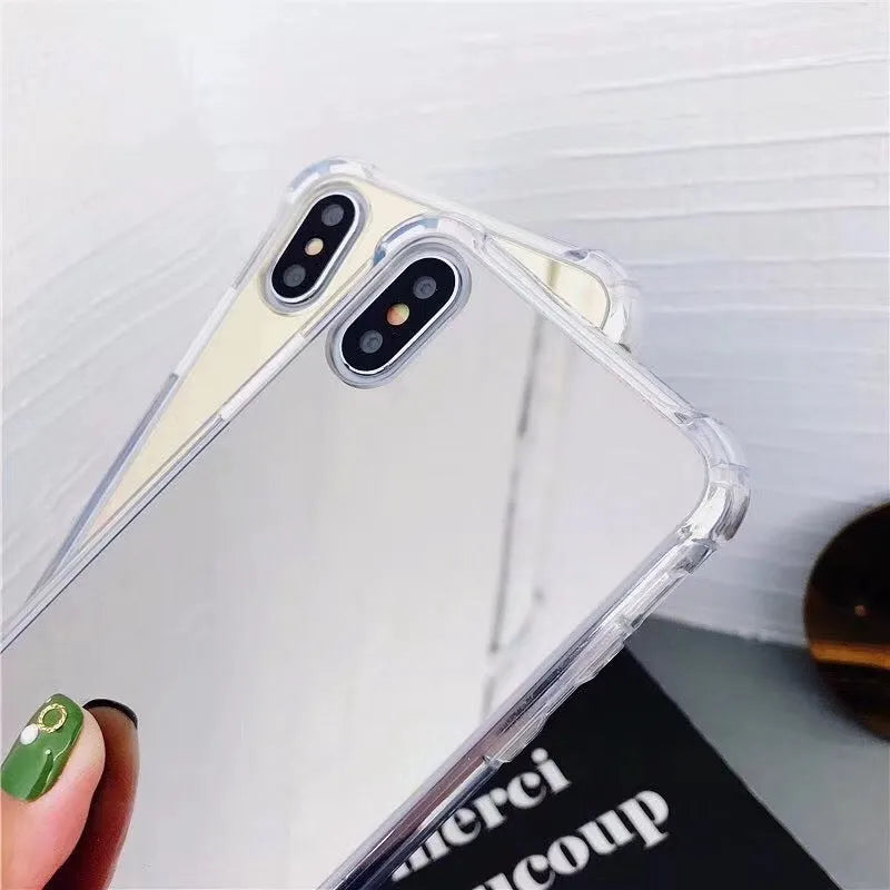 Mirror finish iPhone case in various colours showing reflective surface and TPU soft protective construction