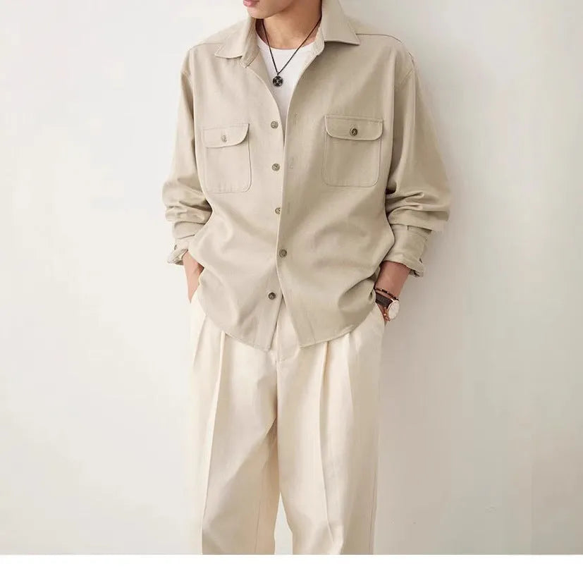 Men's light sand rice casual shirt with a cotton fabric lapel and long sleeves, laid flat.