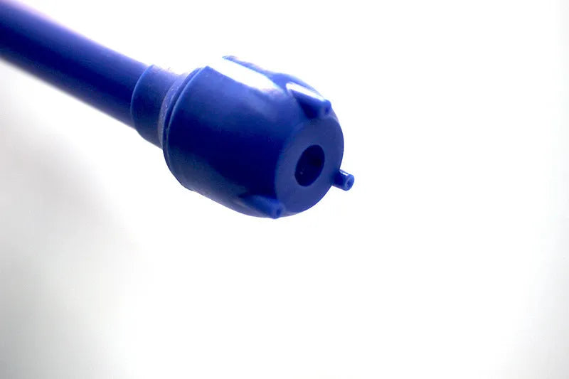 Blue manual hand pump with pipe for transferring fuel, oil or water.