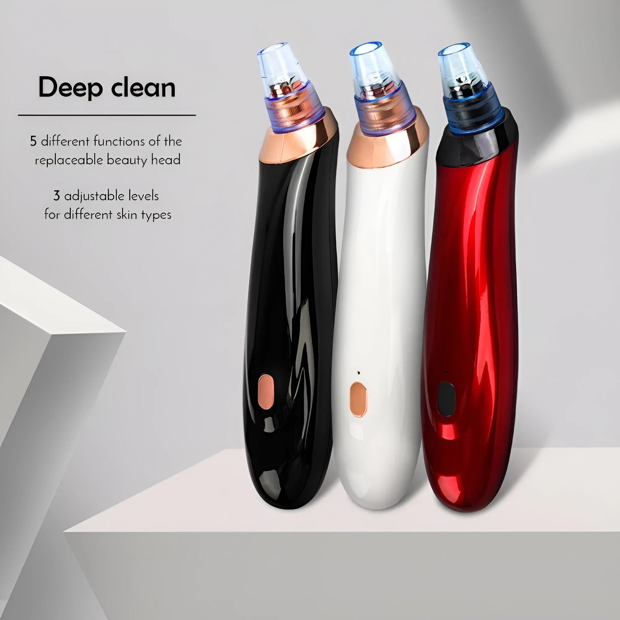 Electric blackhead remover device with five nozzle attachments in black, gold, red, or white colour options.