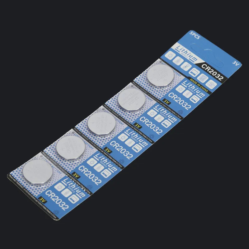 Five CR2032 lithium button batteries on card for electronic scales and remote controls