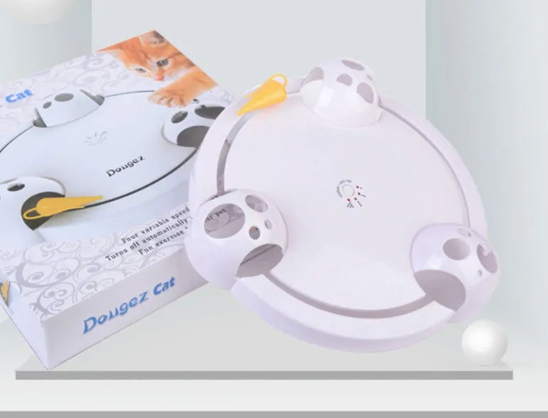 White electric cat toy turntable with automatic catching mouse, 32cm diameter, ABS plastic body