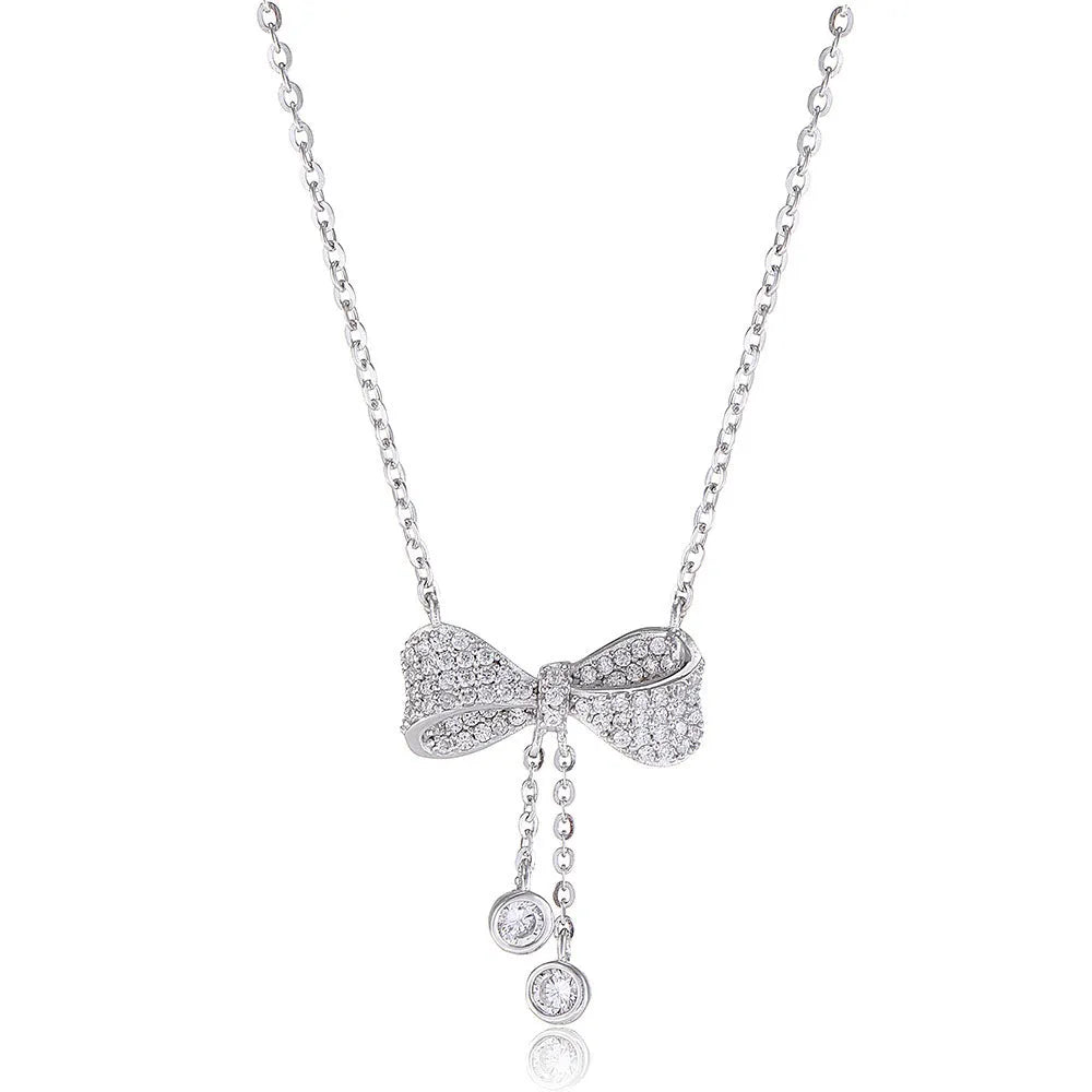 S925 sterling silver bow pendant necklace on adjustable O-ring chain, clavicle length