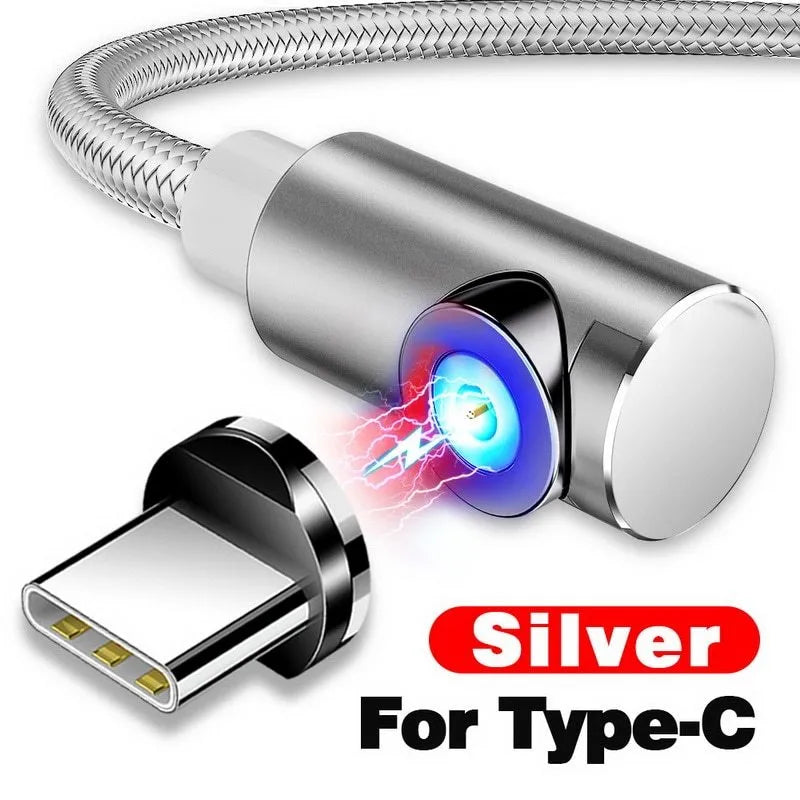 Black L-shaped magnetic charging cable with aluminium connector and LED light for mobile phones