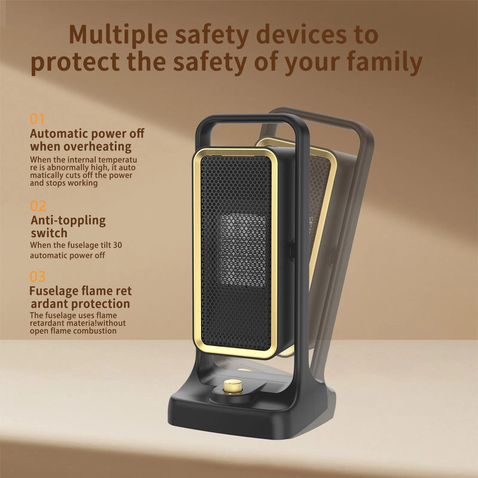 Black desktop PTC ceramic air heater with compact design and control knob