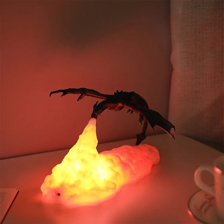 3D printed red dragon night light with breathing glow effect on bedside table