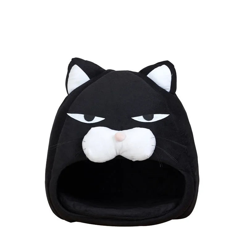 Black cube cat house bed in plush and waterproof nylon, 48cm or 38cm, removable and hand washable