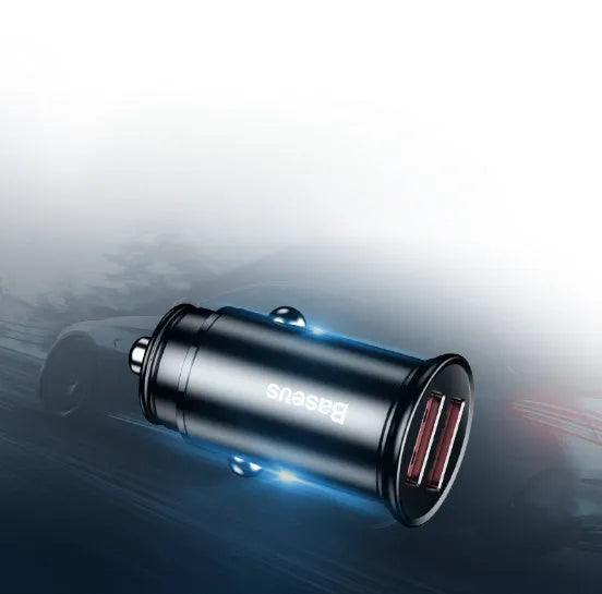 USB smart car charger, 4.8A fast charging, aluminium alloy, 48x25mm, PPS or QC, black silver red