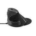 Black and white ergonomic vertical wired optical mouse for desktop computers, shown in a natural handshake grip.