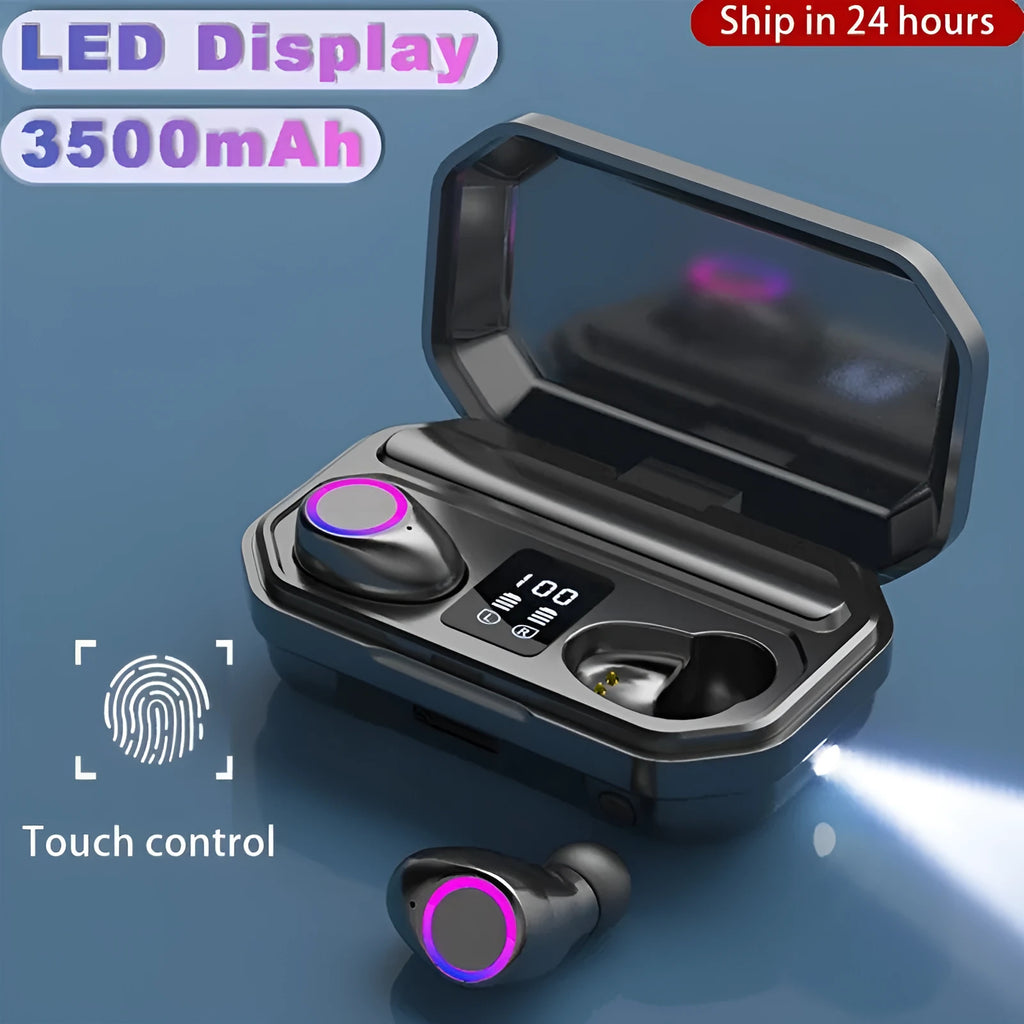 Black and white wireless Bluetooth earbuds with charging case showing LED digital power display.
