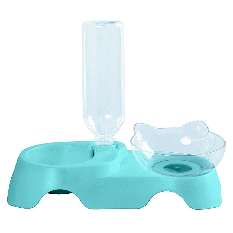 Tilted elevated cat bowl feeder with non-slip support in blue, pink, or white, made from non-toxic material