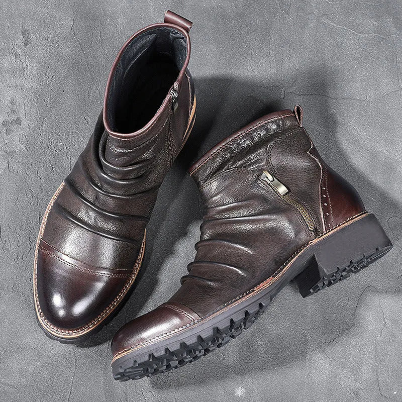 Black cowboy boots with side zip and embossed artificial PU leather upper, showing round toe and horseshoe heel