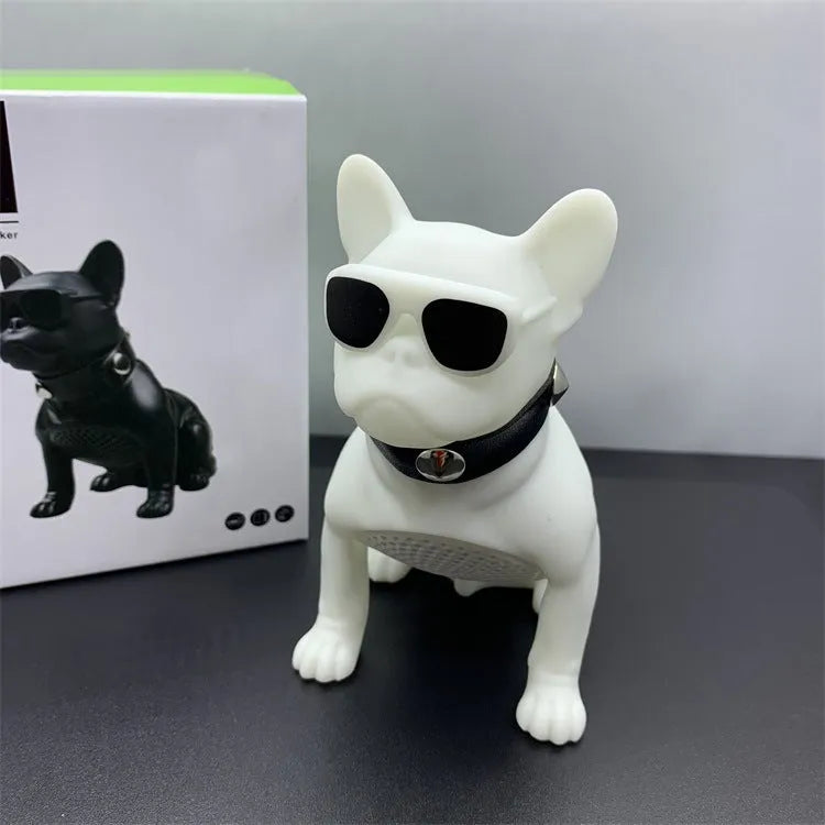 Bulldog design Bluetooth speaker in black colour showing detailed facial features and compact size