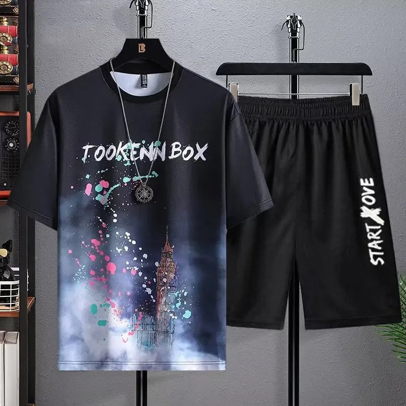 Men's summer ice silk two-piece suit set with short sleeve top and matching shorts in polyester fabric