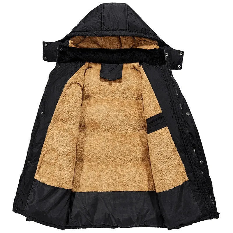 Men's black padded winter jacket with hood and double-breasted closure showing velvet lining