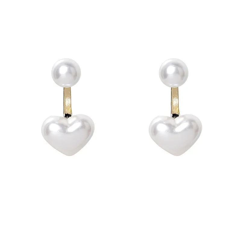 Heart-shaped stud earrings with artificial pearl gemstones in Korean style design