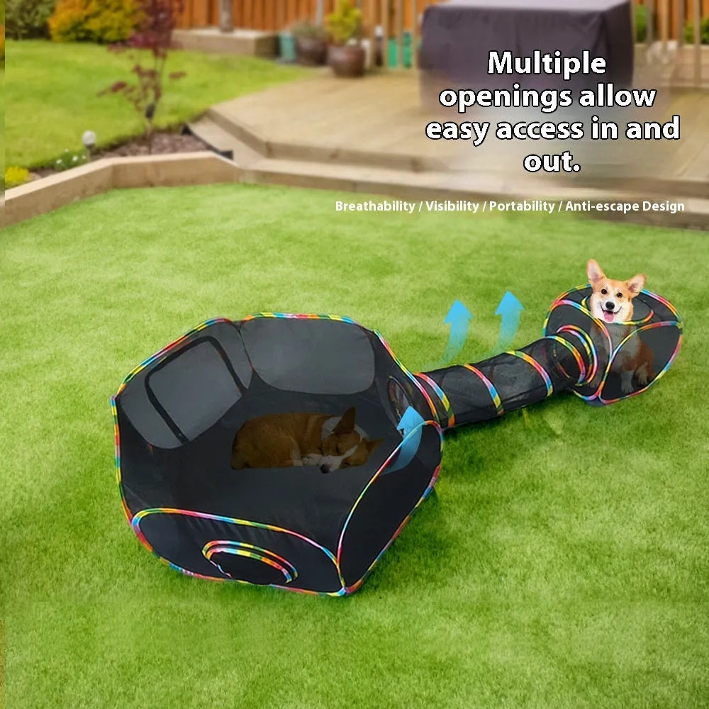 Foldable mesh cat roll cage toy showing multiple shape configurations for feline play