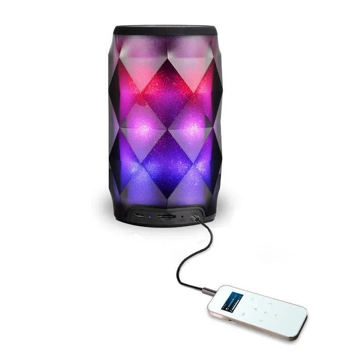 Black crystal diamond-cut Coke can shaped Bluetooth speaker with colourful LED starry sky lighting effect.