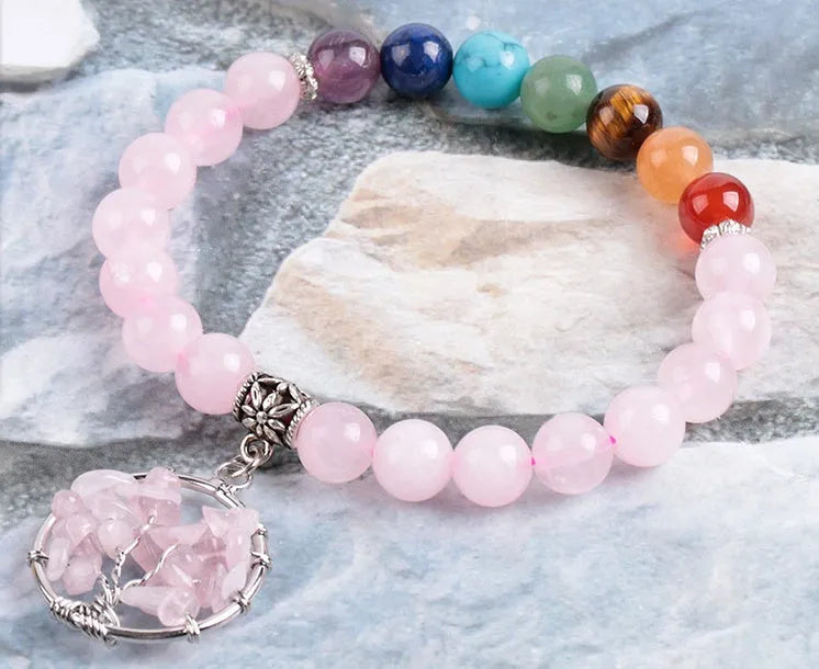 Women's seven chakras crystal beaded bracelet with 8mm powder crystal beads and copper fittings, about 18.8cm long