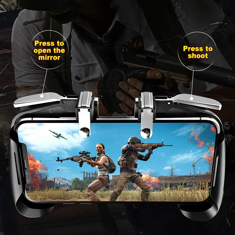 Universal mobile game handle in black showing adjustable phone clamp and dual analogue sticks.