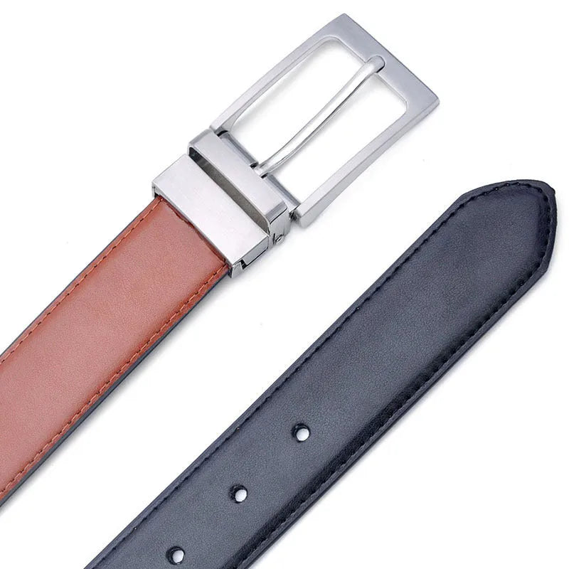 Men's dark brown and black genuine leather belt with a silver rotating pin buckle clasp on a plain background.