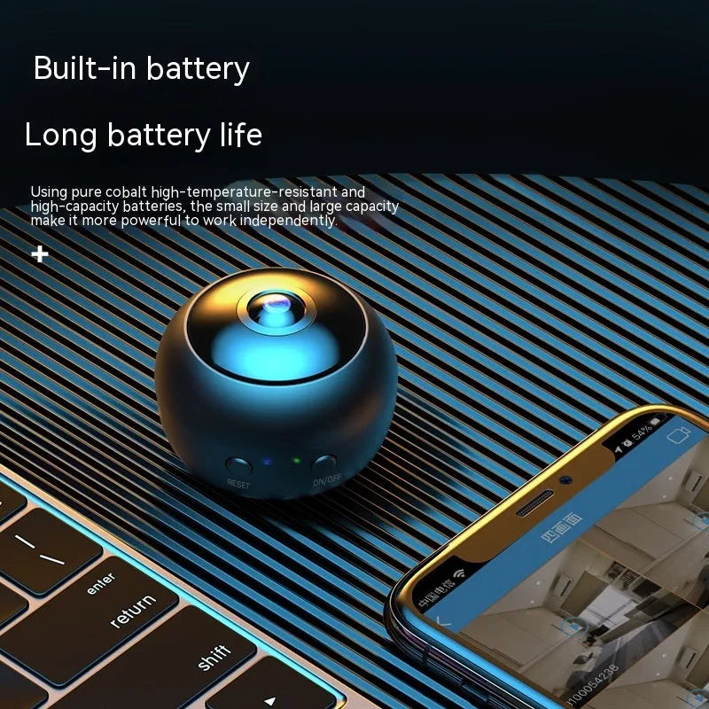 1080p wireless WiFi surveillance camera with ABS plastic housing on a flat surface.