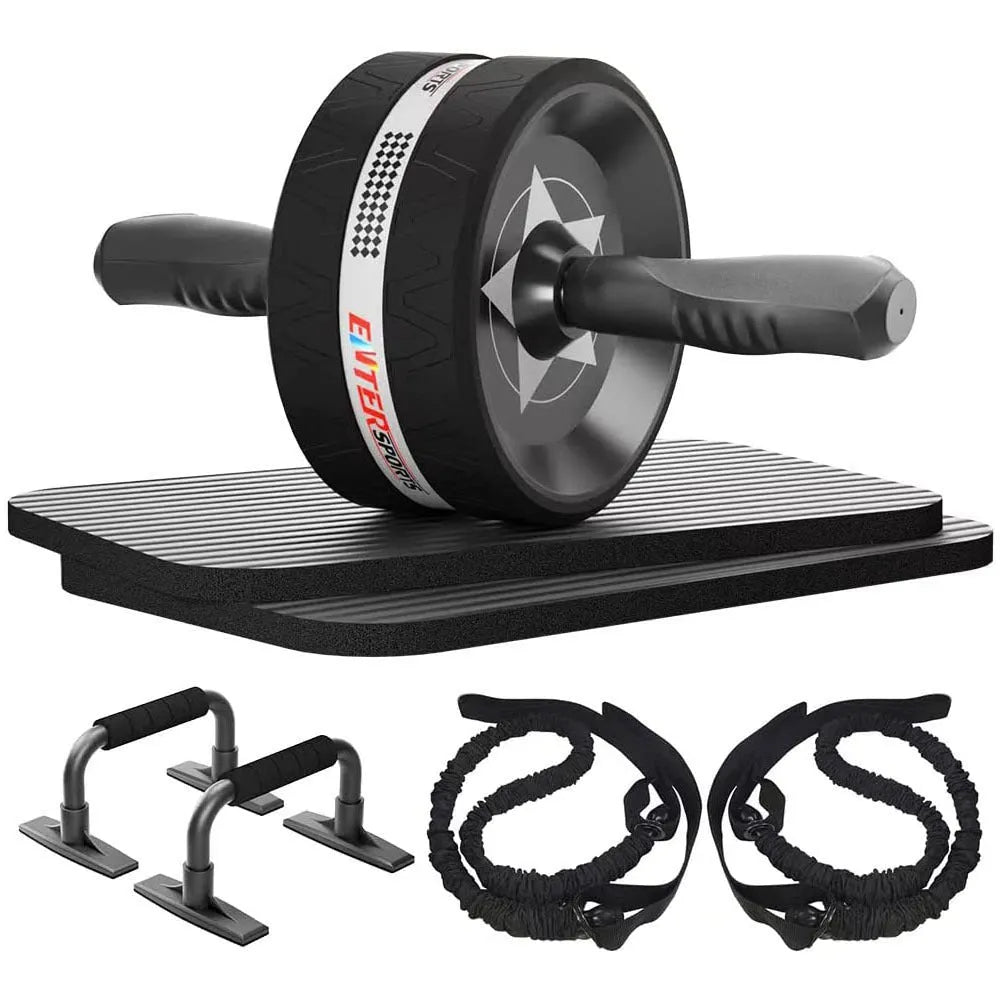Set of seven abdominal wheel push-up brackets in red, green, black, and blue colours for indoor fitness training.