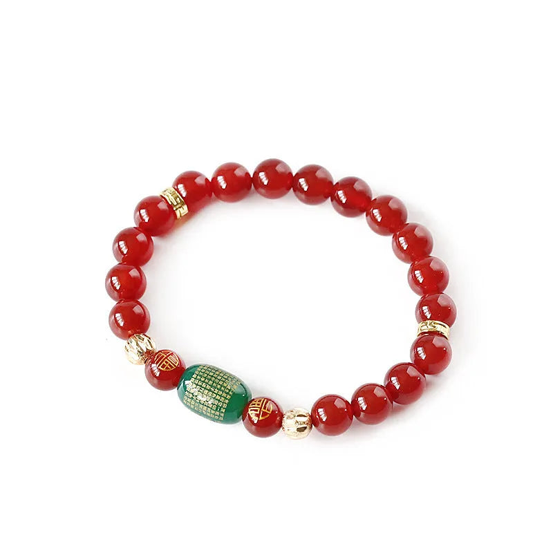 Red agate Guanyin bracelet with auspicious patterns in new Chinese style, showing Buddhist prayer beads