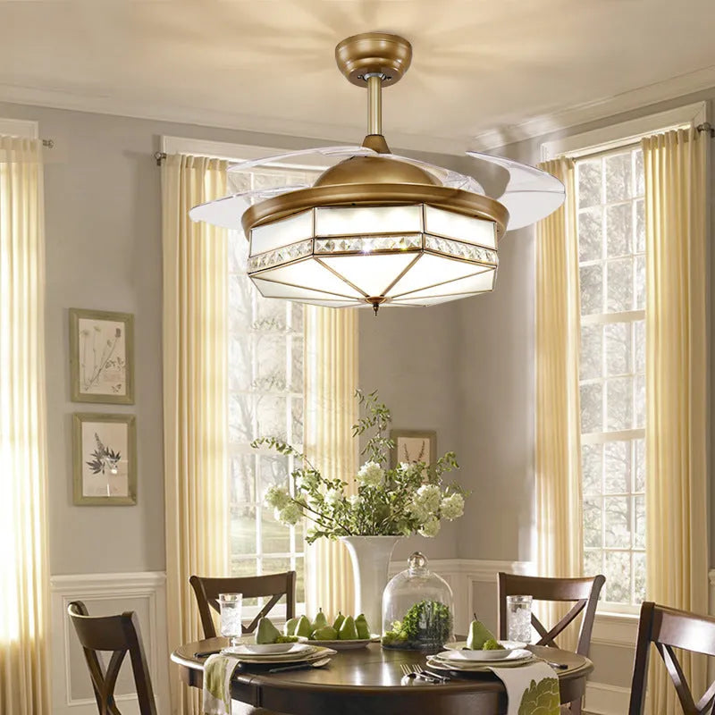 Gold 42-inch ceiling fan light with invisible blades and remote control on a white ceiling.