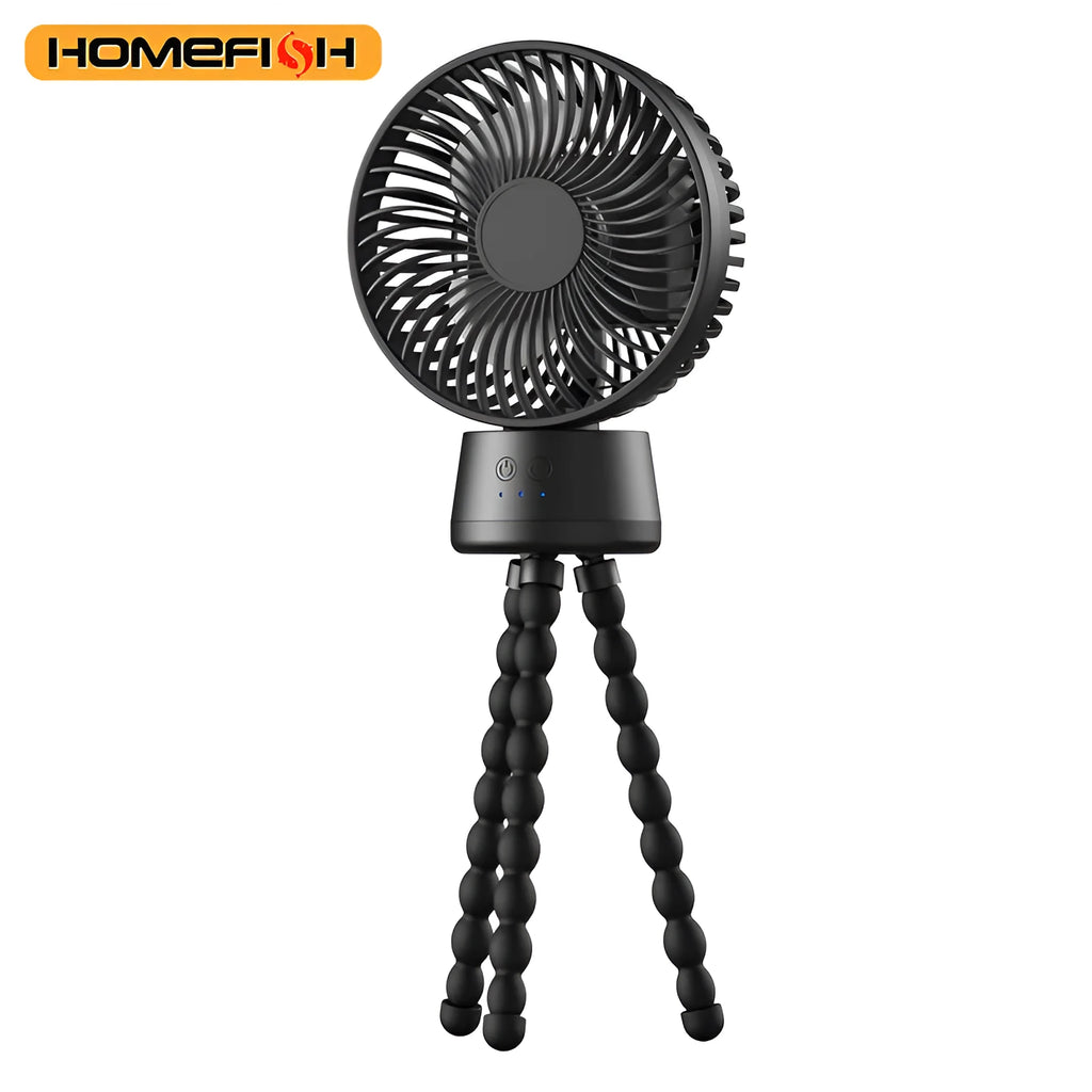 HOMEFISH portable fan with bracket, showing F1 and F2 models with removable mesh and LED light.