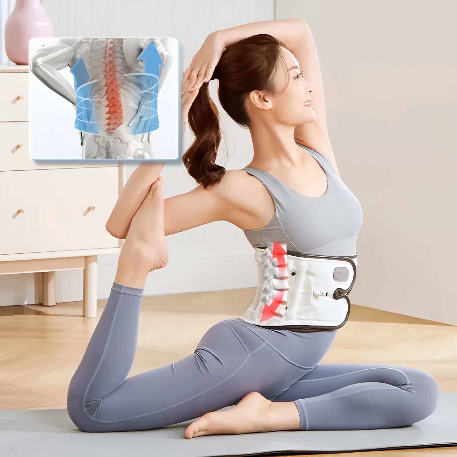 Automatic inflation lumbar support belt for disc correction in grey PU material