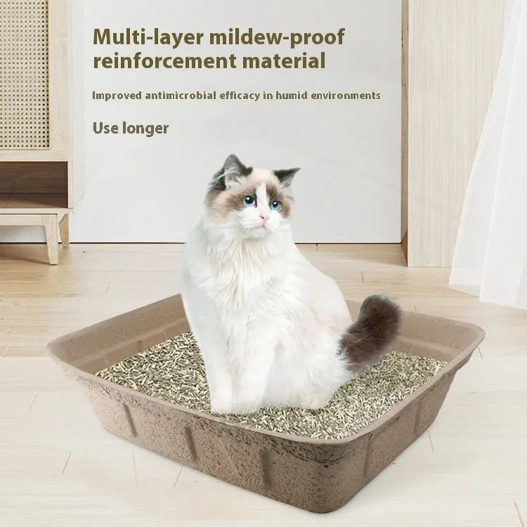 A brown disposable cat litter box showing its three available size options.