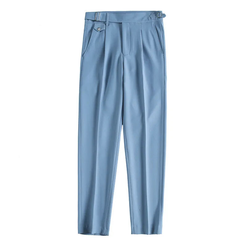 Straight leg casual trousers in solid colour options showing straight leg cut and polyester fabric