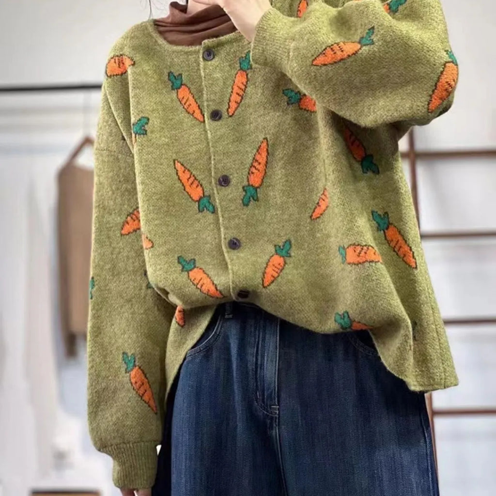 Mori artistic printing cardigan sweater with colour contrast pattern, loose casual cut