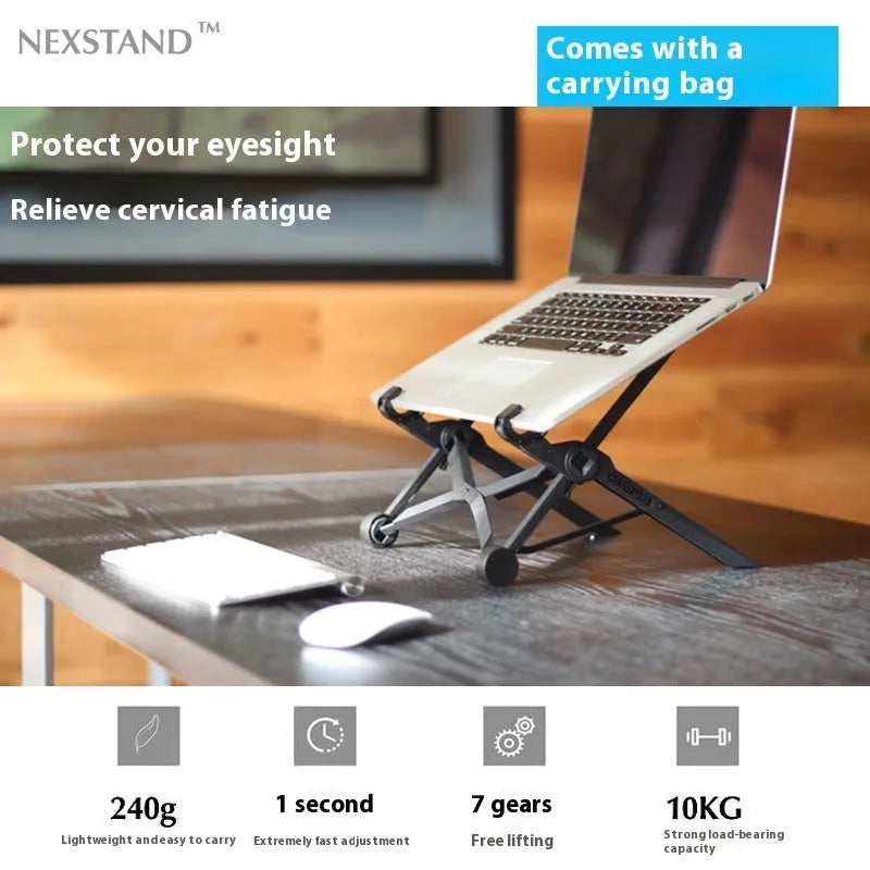Sagacious black portable folding laptop bracket measuring 40cm wide with carrying case